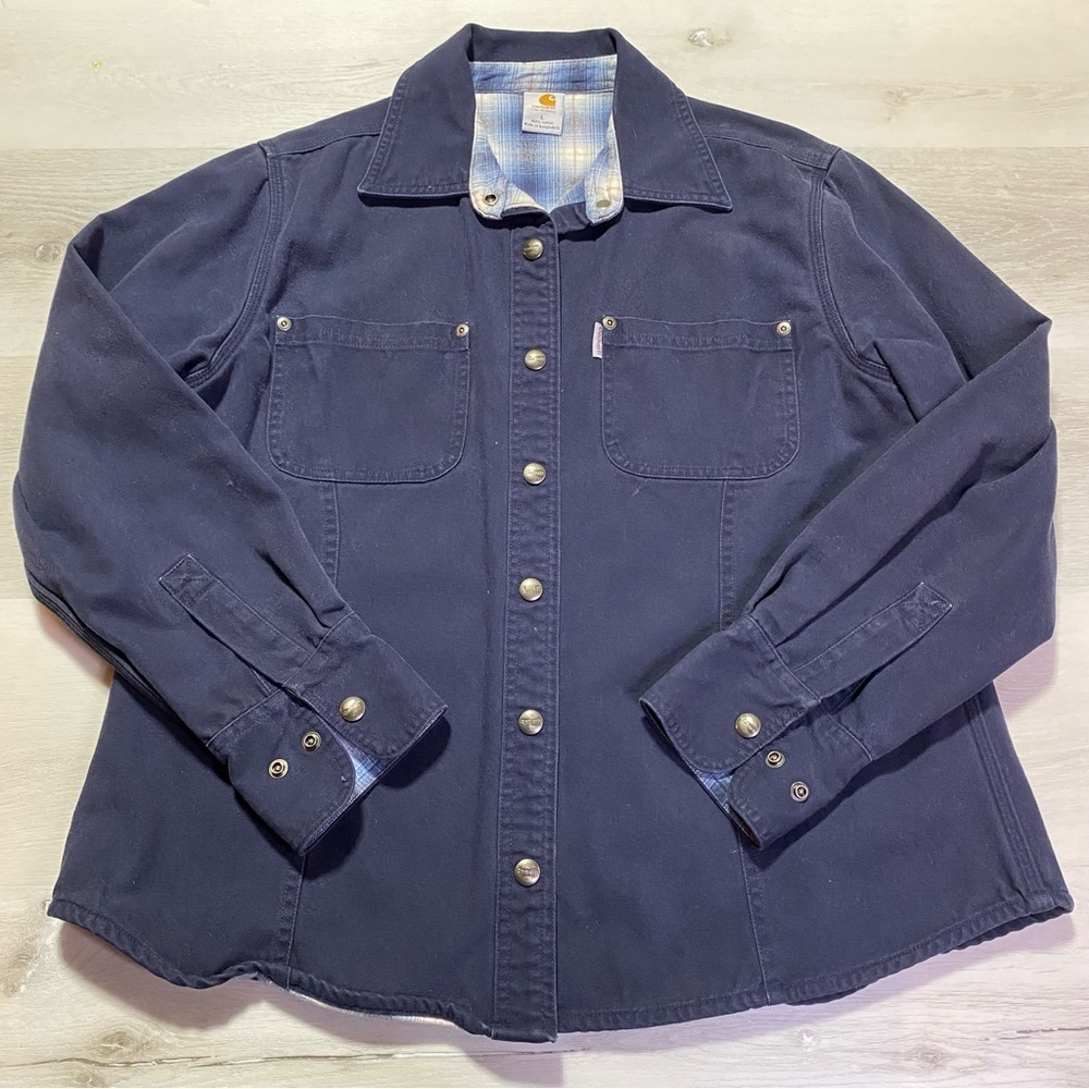 Carhartt Flannel Lined Duck Shacket Navy Outside, Blue/Gray Plaid Inside, Large